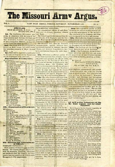 Enthält gedruckte Rundschreiben und Briefe, eine Proklamation und eine Botschaft an die Frauen von Missouri von Missouri Army Argus